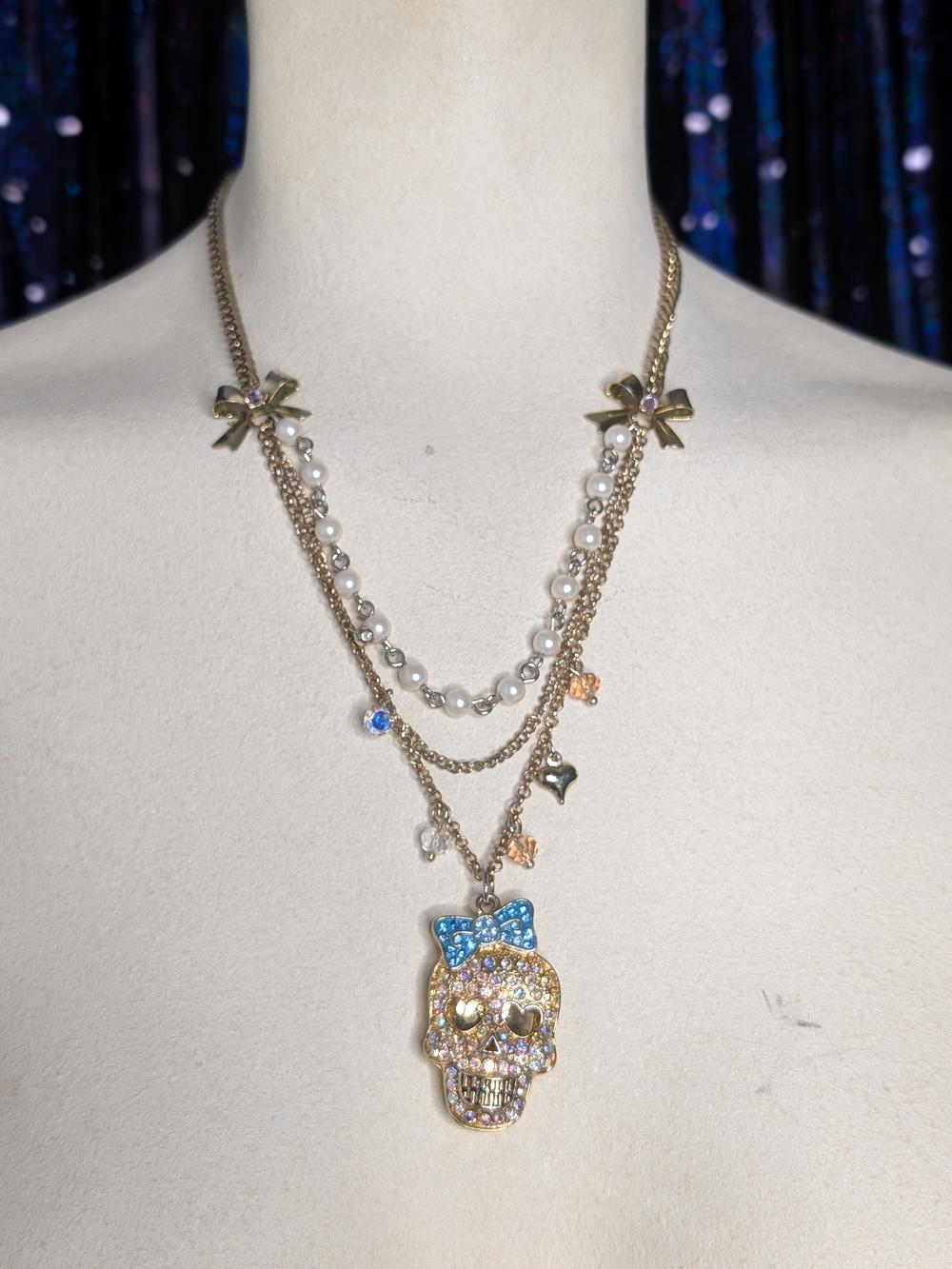Betsey Johnson Gold-Tone Multi-Strand Pearl Necklace with Blue Bow Skull Pendant